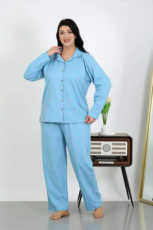 Angelino Women's Plus Size Cotton Pocketed Buttoned Blue Pajama Set 202504 - 11