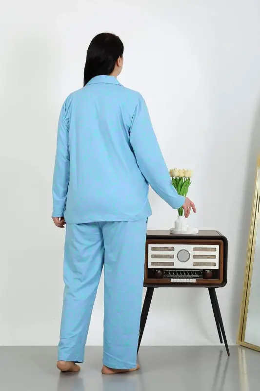 Angelino Women's Plus Size Cotton Pocketed Buttoned Blue Pajama Set 202504 - 8