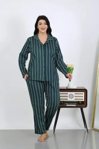 Angelino Women's Plus Size Cotton Pocketed Buttoned Petrol Pajama Set 202504 - 1