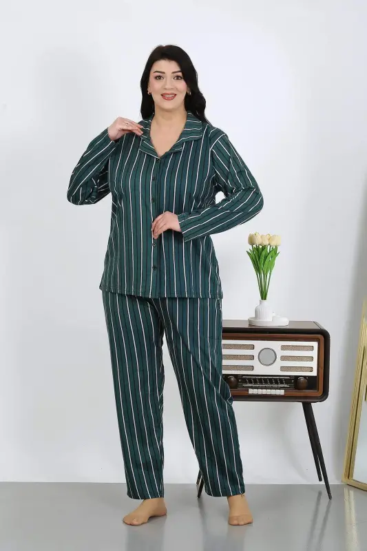 Angelino Women's Plus Size Cotton Pocketed Buttoned Petrol Pajama Set 202504 - 8