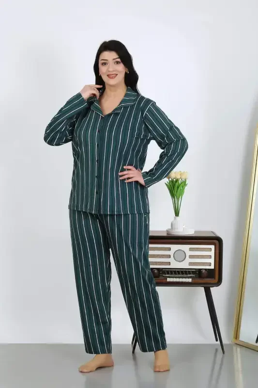Angelino Women's Plus Size Cotton Pocketed Buttoned Petrol Pajama Set 202504 - 10