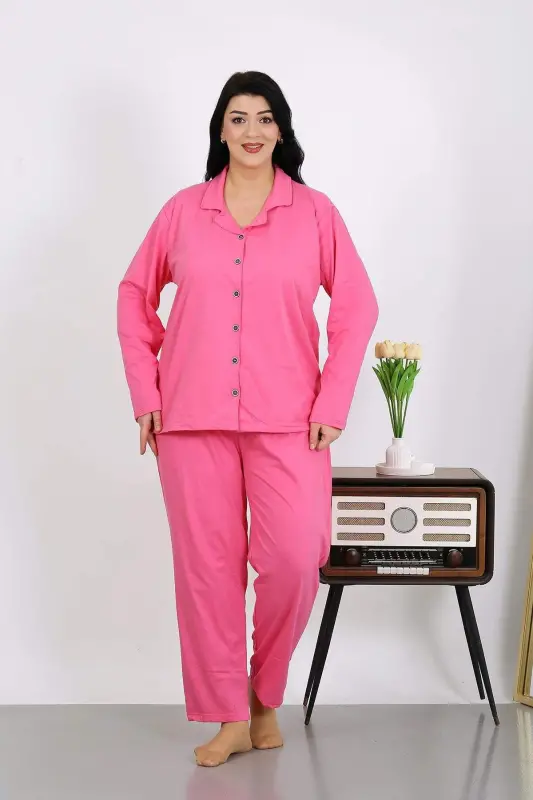 Angelino Women's Plus Size Cotton Pocketed Buttoned Pink Pajama Set 202504 - BÜYÜKBEDENIZ