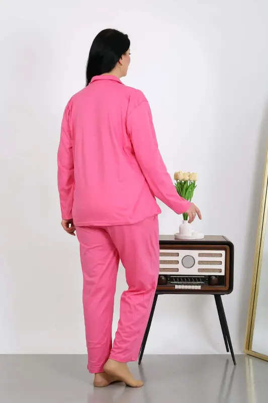 Angelino Women's Plus Size Cotton Pocketed Buttoned Pink Pajama Set 202504 - 6