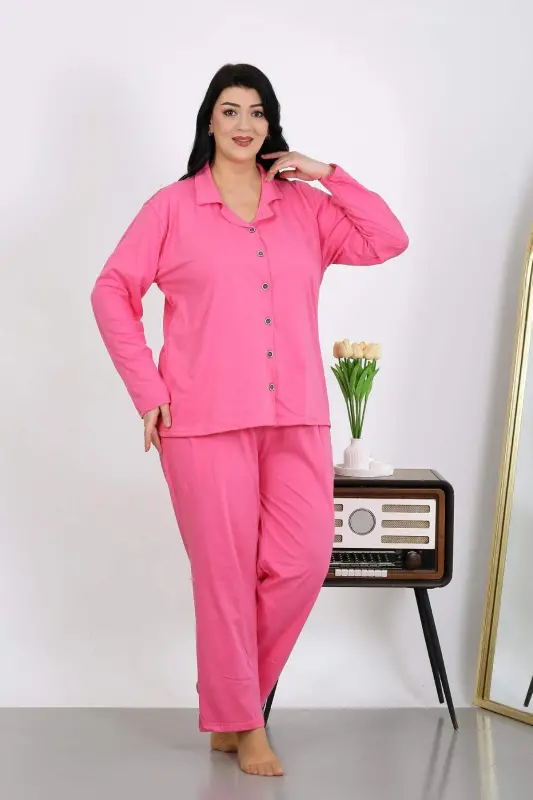 Angelino Women's Plus Size Cotton Pocketed Buttoned Pink Pajama Set 202504 - 10