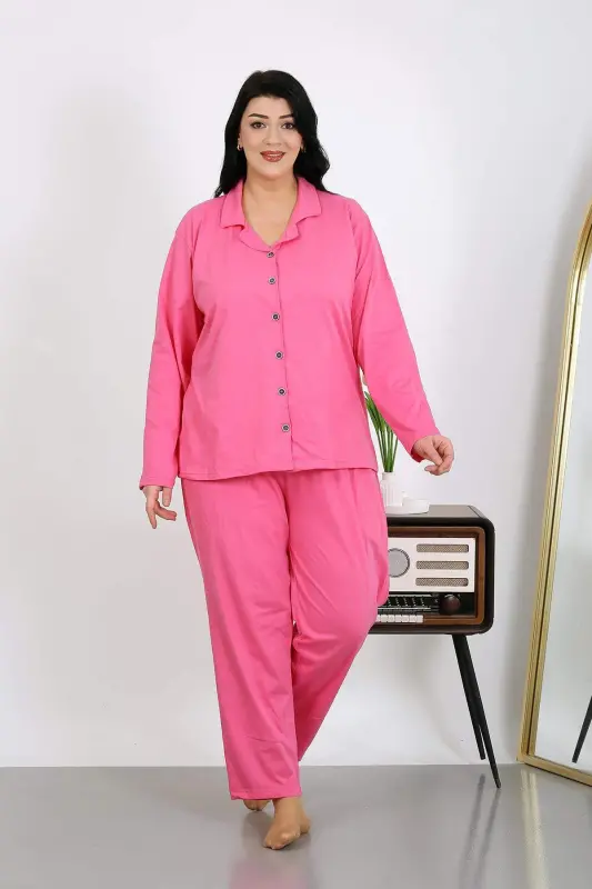 Angelino Women's Plus Size Cotton Pocketed Buttoned Pink Pajama Set 202504 - 3