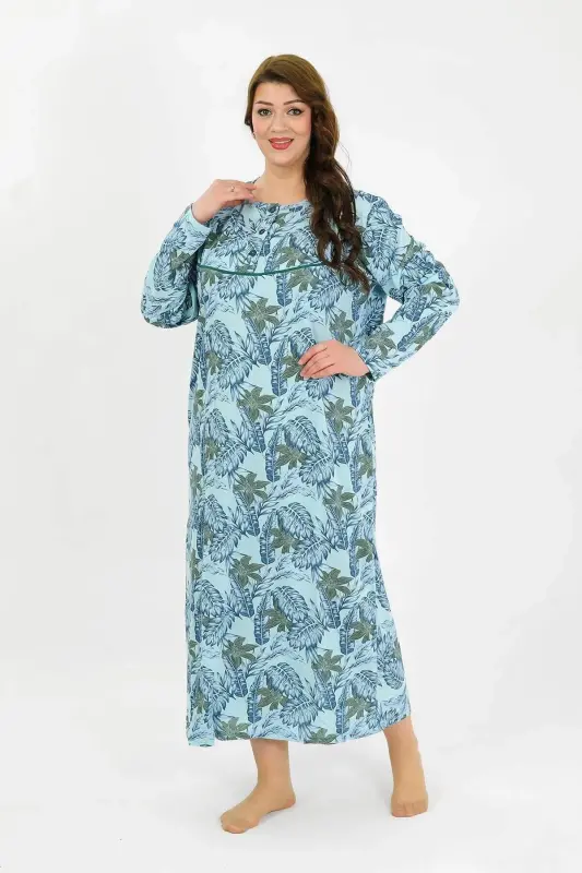 Angelino Women's Plus Size Long Sleeve Blue Mother Nightgown 1378 - BÜYÜKBEDENIZ