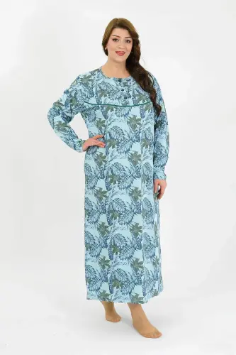 Angelino Women's Plus Size Long Sleeve Blue Mother Nightgown 1378 - BÜYÜKBEDENIZ (1)