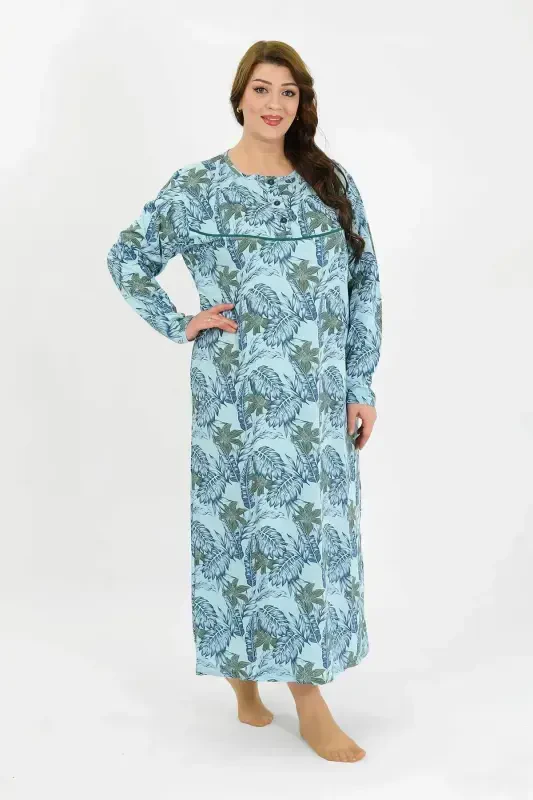 Angelino Women's Plus Size Long Sleeve Blue Mother Nightgown 1378 - 2