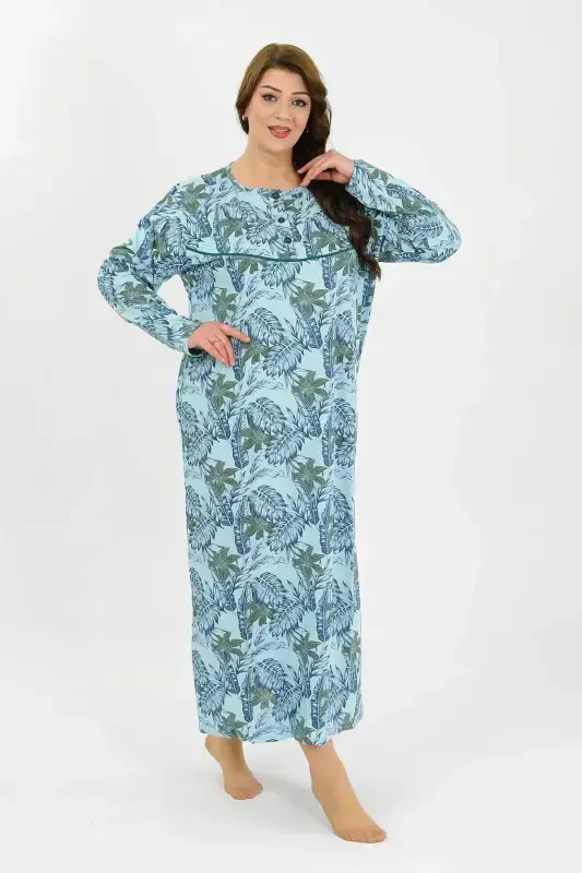 Angelino Women's Plus Size Long Sleeve Blue Mother Nightgown 1378 - 3