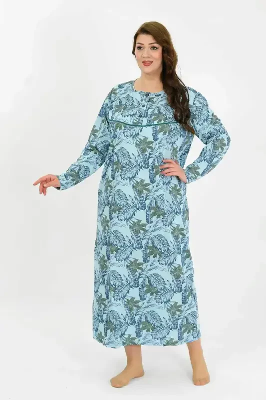 Angelino Women's Plus Size Long Sleeve Blue Mother Nightgown 1378 - 4