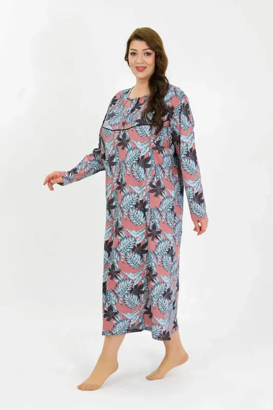 Angelino Women's Plus Size Long Sleeve Salmon Mother Nightgown 1378 - 2
