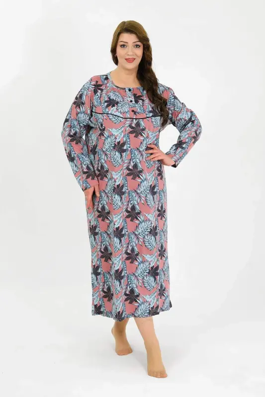 Angelino Women's Plus Size Long Sleeve Salmon Mother Nightgown 1378 - BÜYÜKBEDENIZ