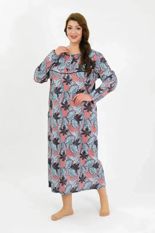 Angelino Women's Plus Size Long Sleeve Salmon Mother Nightgown 1378 - 3
