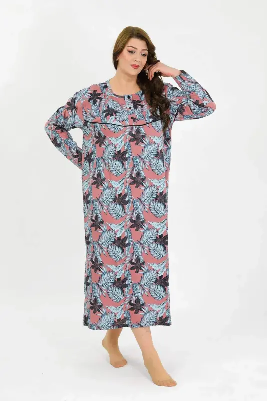 Angelino Women's Plus Size Long Sleeve Salmon Mother Nightgown 1378 - 4