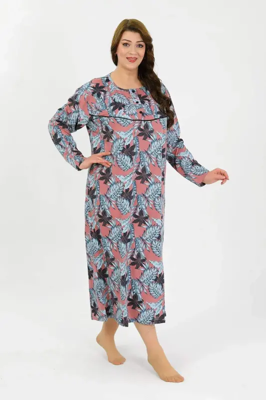 Angelino Women's Plus Size Long Sleeve Salmon Mother Nightgown 1378 - 5