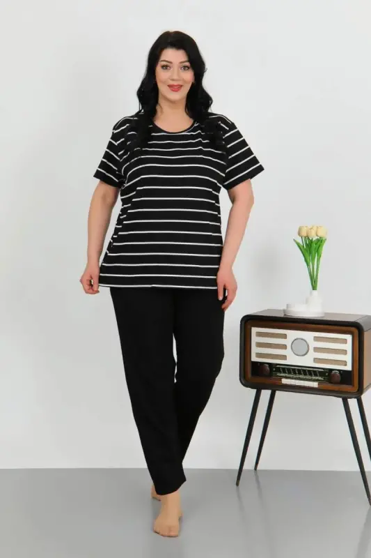 Angelino Women's Plus Size Short Sleeve Cotton Pajama Set Black 202505 - BÜYÜKBEDENIZ