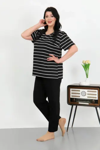 Angelino Women's Plus Size Short Sleeve Cotton Pajama Set Black 202505 - BÜYÜKBEDENIZ (1)