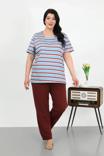 Angelino Women's Plus Size Short Sleeve Cotton Pajama Set Blue 202505 - BÜYÜKBEDENIZ (1)