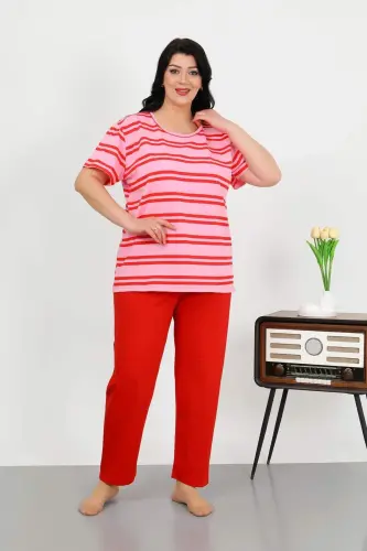 Angelino Women's Plus Size Short Sleeve Cotton Pajama Set Red 202505 - BÜYÜKBEDENIZ (1)