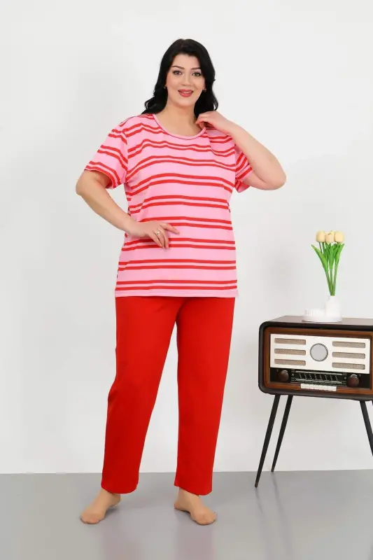 Angelino Women's Plus Size Short Sleeve Cotton Pajama Set Red 202505 - 2