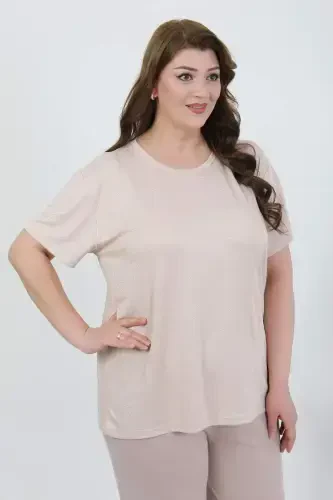 Angelino Women's Plus Size Short Sleeve Jersey Pajama Set Milk Coffee 202510 - BÜYÜKBEDENIZ (1)