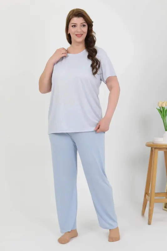 Angelino Women's Plus Size Short Sleeve Knitted Pajama Set Blue 202510 - 1