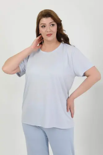 Angelino Women's Plus Size Short Sleeve Knitted Pajama Set Blue 202510 - 2