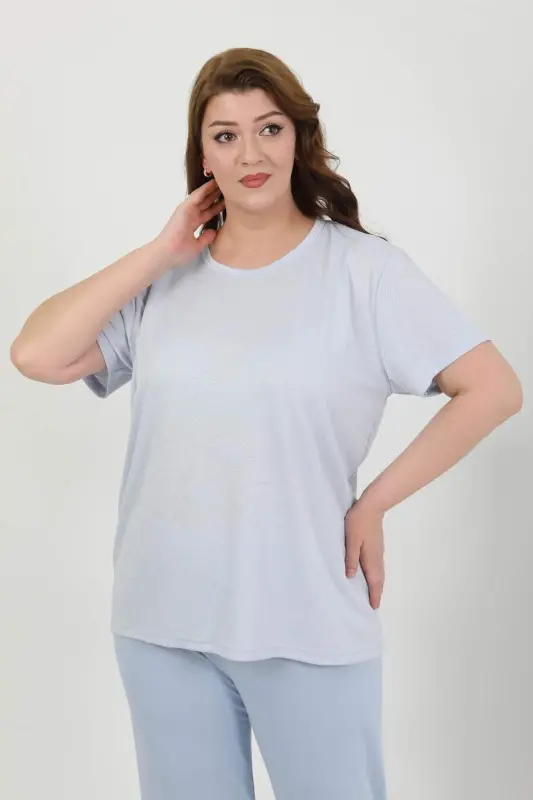 Angelino Women's Plus Size Short Sleeve Knitted Pajama Set Blue 202510 - 2