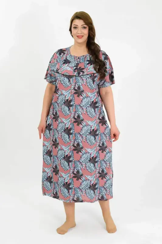 Angelino Women's Plus Size Short Sleeve Salmon Mother Nightgown 1377 - 3