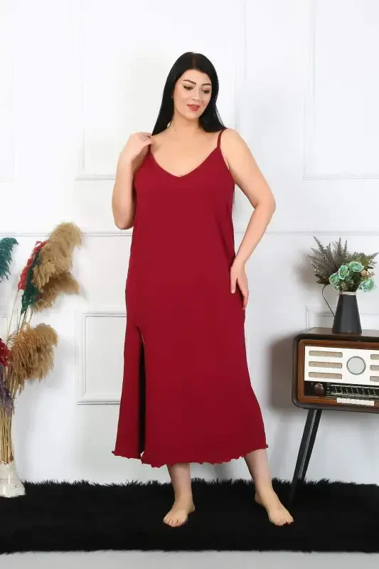 Angelino Women's Plus Size Spaghetti Strap Cotton Burgundy Long Nightgown 12100 - 3