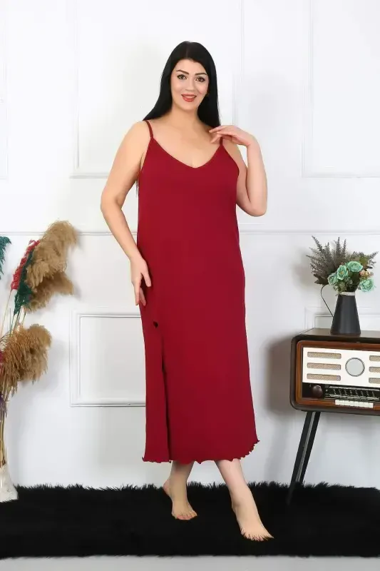 Angelino Women's Plus Size Spaghetti Strap Cotton Burgundy Long Nightgown 12100 - 4