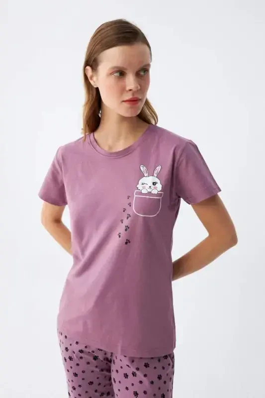 Angelino Women's Purple Paw Print Bunny Printed Pocketed Pajama Set - 1