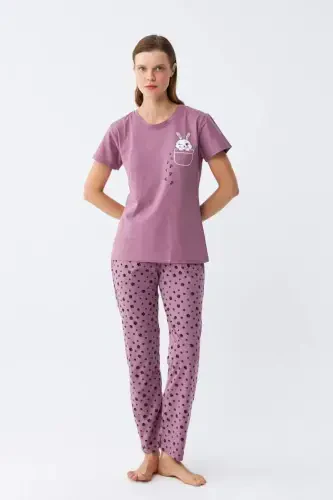 Angelino Women's Purple Paw Print Bunny Printed Pocketed Pajama Set - BÜYÜKBEDENIZ (1)