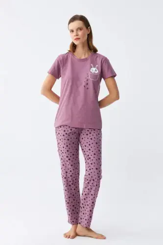 Angelino Women's Purple Paw Print Bunny Printed Pocketed Pajama Set - 5