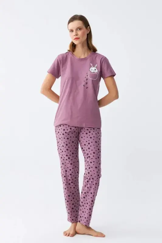 Angelino Women's Purple Paw Print Bunny Printed Pocketed Pajama Set - 5