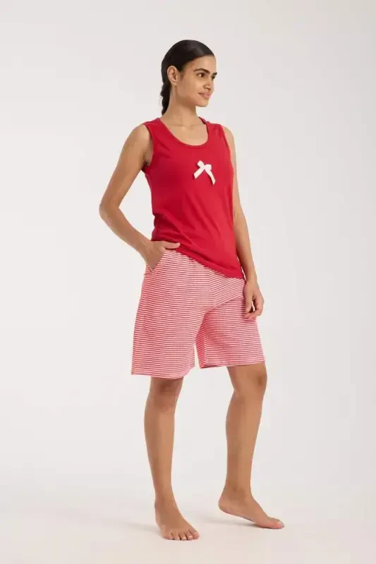 Angelino Women's Red Ribbon Detailed Striped Short Pajama Set - 1