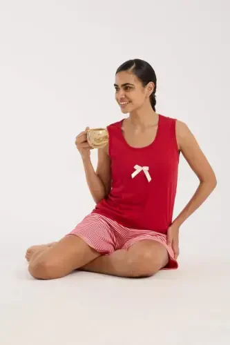 Angelino Women's Red Ribbon Detailed Striped Short Pajama Set - BÜYÜKBEDENIZ (1)