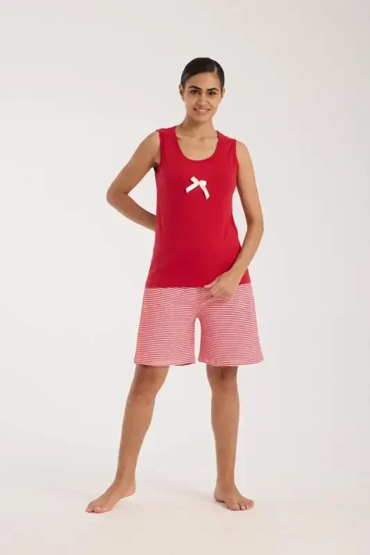 Angelino Women's Red Ribbon Detailed Striped Short Pajama Set - 3