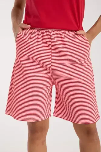 Angelino Women's Red Ribbon Detailed Striped Short Pajama Set - 7