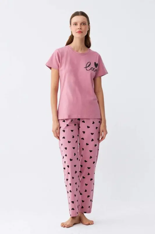 Angelino Women's Salmon Heart Patterned Short Sleeve Jersey Pajama Set - BÜYÜKBEDENIZ
