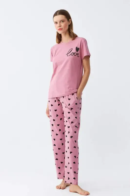 Angelino Women's Salmon Heart Patterned Short Sleeve Jersey Pajama Set - 2