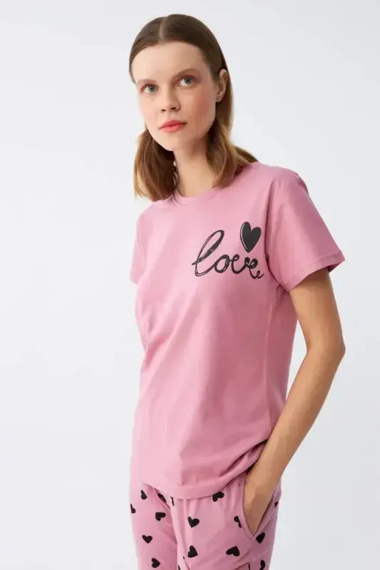 Angelino Women's Salmon Heart Patterned Short Sleeve Jersey Pajama Set - 5