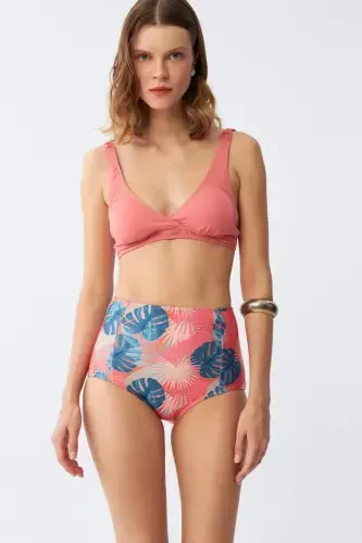 Angelino Women's Salmon Padded Top and Tropical Print High Waist Bikini Set - 1