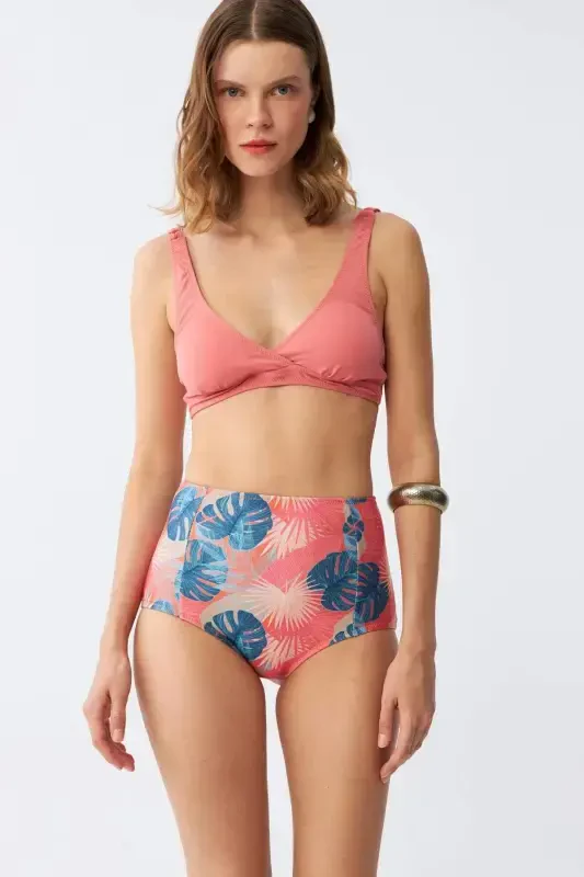 Angelino Women's Salmon Padded Top and Tropical Print High Waist Bikini Set - 1