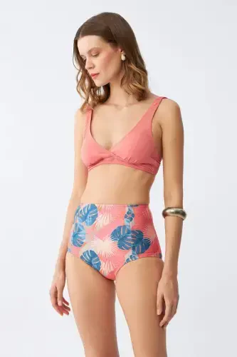 Angelino Women's Salmon Padded Top and Tropical Print High Waist Bikini Set - BÜYÜKBEDENIZ (1)