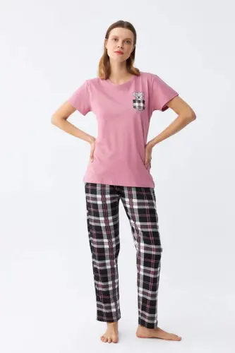 Angelino Women's Salmon Teddy Bear Print Plaid Jersey Pajama Set - BÜYÜKBEDENIZ (1)
