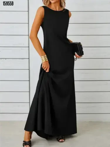 Angelino Women's Sleeveless Boat Neck Maxi Crinkle Crepe Black Dress ND8003 - 3