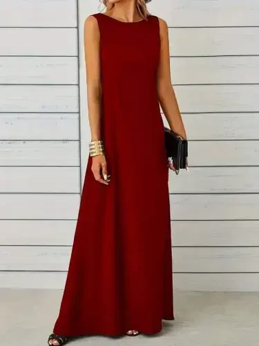 Angelino Women's Sleeveless Boat Neck Maxi Crinkle Crepe Red Dress ND8003 - 1