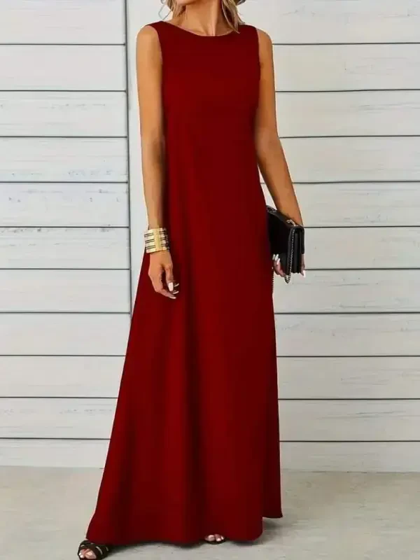 Angelino Women's Sleeveless Boat Neck Maxi Crinkle Crepe Red Dress ND8003 - BÜYÜKBEDENIZ