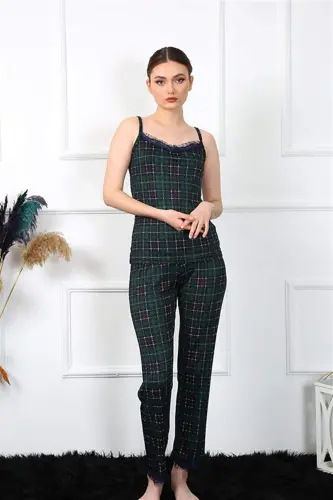 Angelino Women's Spaghetti Strap Green Plaid Pajama Set 4135 - 3